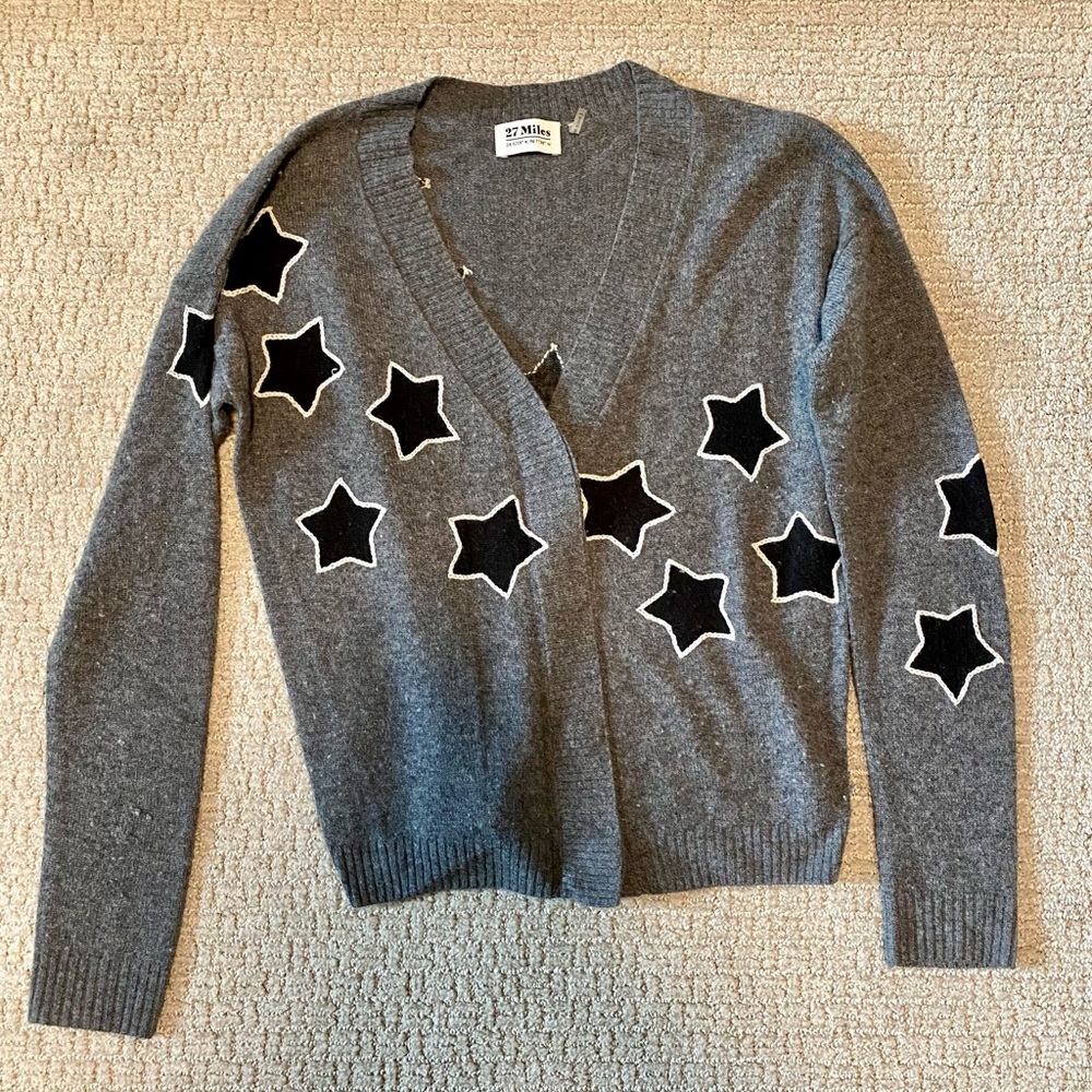 Dark Grey Cashmere V-Neck Cardigan, 27 Miles Brand, Size XS, Excellent Condition
